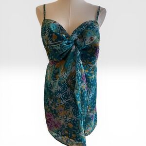 Lane Bryant Twist Front Cami Top XL Teal Boho Sheer Metallic Paisley Blouse
